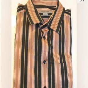 Johnston & Murphy Men Long Sleeve Dress Shirt Large Black Brown Striped